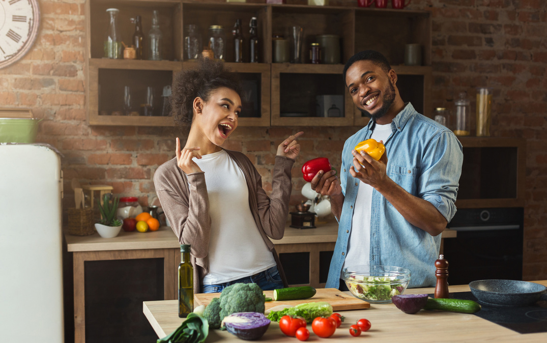 Happy Black Couple Preparing Healthy Dinner